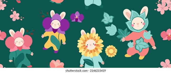 Orchid, gerbera, ivy. Cute rabbits in floral costumes. Seamless pattern with rabbits and flowers. Vector illustration isolated on green background