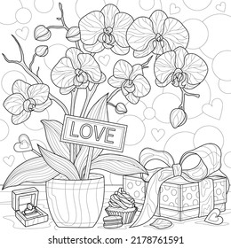 Orchid with a gift and a wedding ring on the table.Coloring book antistress for children and adults. Illustration isolated on white background.Zen-tangle style. Hand draw