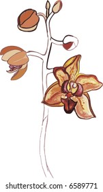 Orchid hand drawn still life, with natural brush texture, file has no gradients.