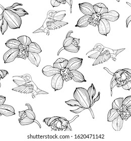 Orchid and Hummingbird flowers, black and white seamless vector background