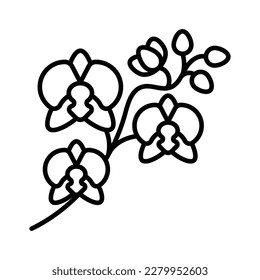 Orchid icon. Floral orchid branch. Graceful stem, leaves, blooming flowers and buds. Best for flower shop, horticulture, fashion. Modern line illustration, editable thin strokes