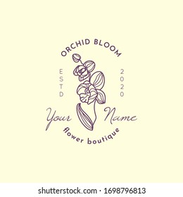 Plantilla de diseño del logotipo orquídeo en un estilo lineal simple y mínimo. Emblema floral vectorial e ícono de la florería