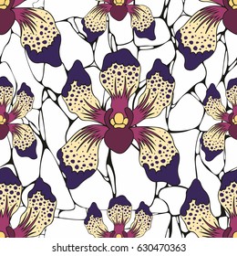 Orchid on a background of marble. Decorative vector seamless pattern for design and decoration of textiles, wallpaper, packaging, covers and other surfaces