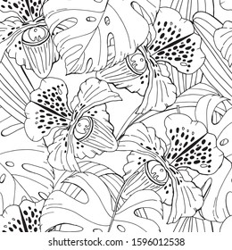 Orchid( Orchidaceae) tropic hand drawn  endless monochrome pattern fon white background 