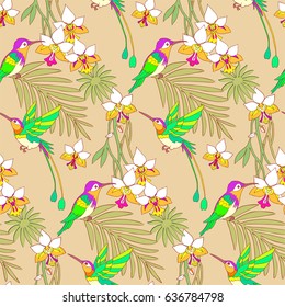 Orchid and palm leaf and hummingbird seamless tropical pattern.