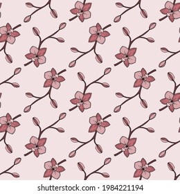 Orchideenmuster in Pastellfarben, doodle orchide Vektorstruktur, tropisches, nahtloses Muster in handgezeichnet, rosafarbene orchide Äste, Muster mit tropischen Blumen