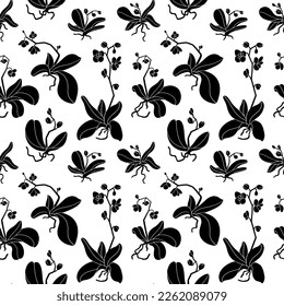 Orchid plant seamless pattern with flowers, bud, stem, and root. Fresh bouquet of orchidaceae in blossom. Tropical flora, botanical flat vector isolated illustration on white background.
