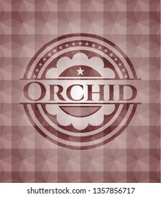 Orchid red emblem with geometric pattern background. Seamless.