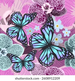 Orchid seamless background with butterflies. hand drawing. Not AI, Vector illustration.
