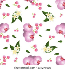 Orchid seamless pattern vector. Collection of orchid flower isolated on white. Orchid flower spring nature petal. Vector tropical plants orchids blossom green leafs and pink decoration branch.