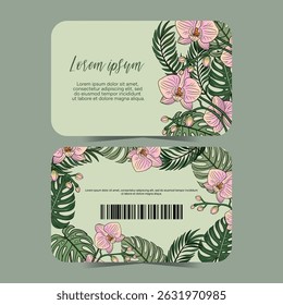 Orchid tropical exotic flora outline drawing gift id card front and back with barcode. Hawaiian nature botanical flower decoration plant card