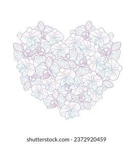 Orchid tropical flower hearts wreath. Vector line art hand drawn illustration for design of card or invite, logo, coloring page.