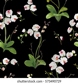 Orchid Tropical Leaves and Flowers Background. Seamless Pattern in Vector