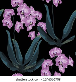 Orchid Tropical Leaves and Flowers on black backdrop. Seamless Pattern for design, card, print or background.