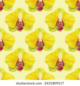 Orchid yellow flower vector seamless pattern, fabric print fashionable design. Yellow orchis phalaenopsis flower over cherry res background repeating pattern. Exotic plant blossom.