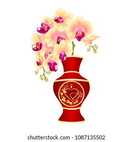 Orchid yellow phalenopsis in a vase  of red porcelain  gold ornament heart  with crown and leaves vintage vector illustration editable hand draw
