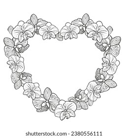 Orchidea tropical flower hearts wreath. Vector line art hand drawn illustration for design of card or invite, logo, coloring page