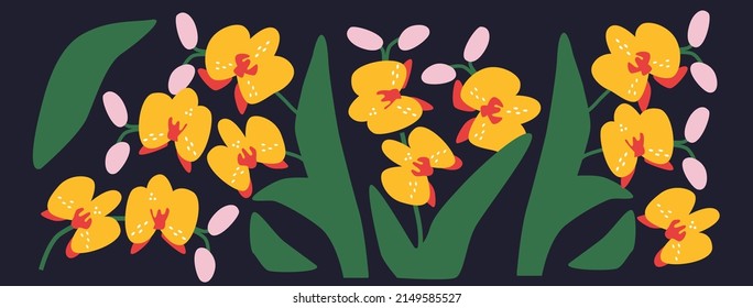 Cartel vector abstracto de orquídeas. Afiche de tipografía de colores divertidos. Banner horizontal abstracto decorativo con doodles coloridos.  Ilustraciones modernas hechas a mano con flores tropicales. Fondo de verano