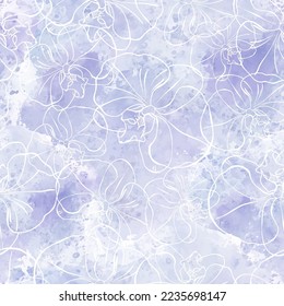 Orchids.  Art floral background. Seamless pattern with hand drawn flowers on lilac watercolor background. Vector.  Perfect for wallpaper, wrapping, fabric and textile. 