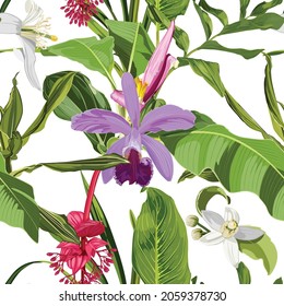 Orchids, Bananas flowers. Seamless floral pattern with violet pink glossy flowers and palm leaves. Tropical pattern on a white background. 