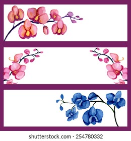 Orchids banners set. Watercolor. Vector illustration
