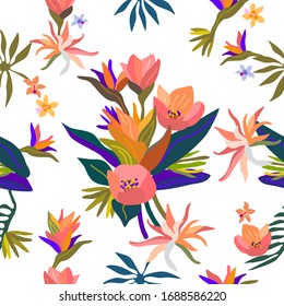 Orchids blooom. Seamless pattern with tropical flowers and leaves. Swimwear textile collection. On contrast background.