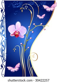 Orchids and butterflies on blue background