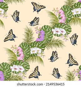 Orchids and butterflies in a pattern.Vector seamless pattern with orchids, palm leaves and butterflies on a colored background.