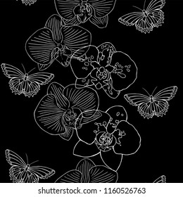 Orchids and butterflies seamless background pattern with hand drawn different. Vector black and white illustration. Contour drawing.