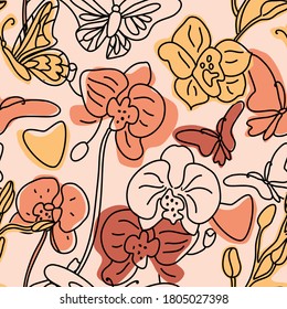Orquídeas y mariposas, patrón de fondo sin fisuras con formas abstractas de línea dibujadas a mano diferentes. Ilustración de color de tendencia del vector. Dibujo de contorno.