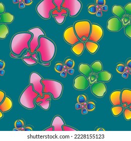 Orchids in different colors with butterflies on green background. Vector art for textile pattern