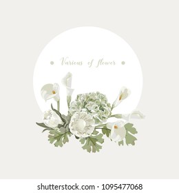 Orchids floral bouquet . Flourish greeting card and circle label .