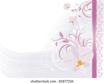 Orchids with floral ornament. Festive card. Vector
