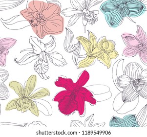 Orchids flowers. Collection of doodle hand drawn illustration. Vector seamless pattern