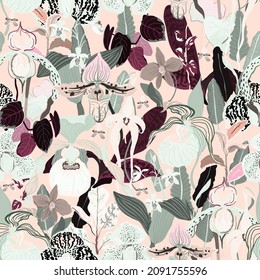 Orchids flowers and leaves seamless vector pattern. Square floral surface design for fabric, textile, wallpaper, wrapping paper, invitation cards. Cream, brown, light grey neutral color. EPS 10.