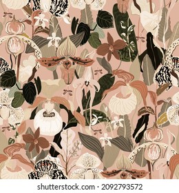Orchids flowers and leaves seamless vector pattern. Square floral surface design for fabric, textile, wallpaper, wrapping paper, invitation cards. Beige, brown neutral color. EPS 10.