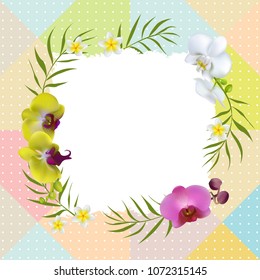 Orchids. Flowers. Tropical background.  Palm leaves. Exotic plants. Flower pattern. Border. Plumeria. Bright.