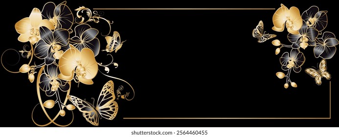 orchids golden gradient on black background with butterfly