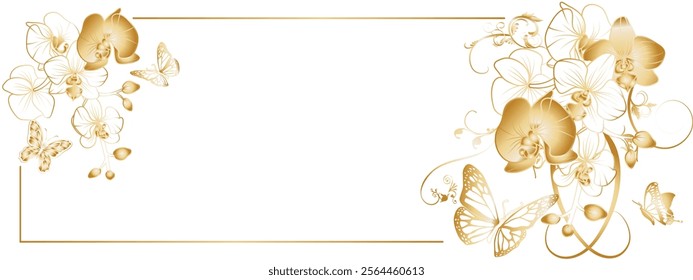 orchids golden gradient on white background with butterfly