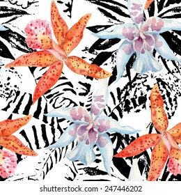 orchids and graphic palm leaves watercolor seamless background