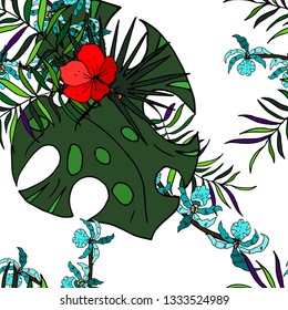 Orchids, hibiscus and palm leaves. Vector illustration.