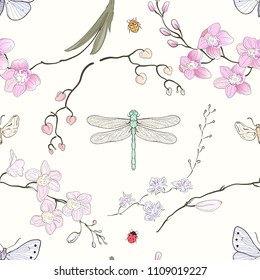 Orchids and insects hand drawn seamless pattern. Butterflies, dragonfly and ladybugs in engraving style.