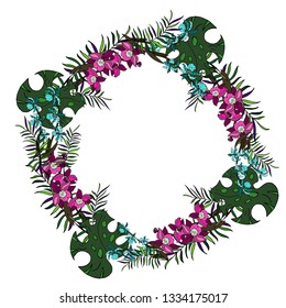 Orchids, leaf of a monstera and palm leaves. Wreath. Vector illustration.