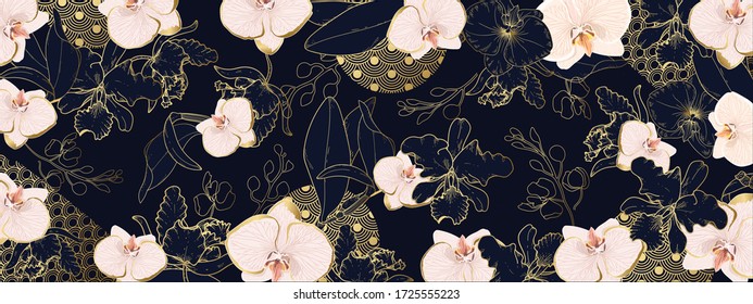 Orchids line arts pattern, Japanese style cover background. Luxury nature wallpaper for cosmetic, beauty packaging design and print out, Vector illustration.