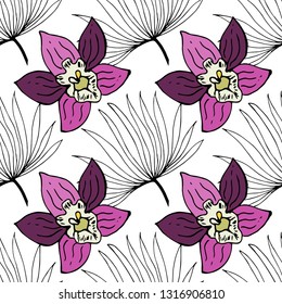 Orchids and palm leaves. Seamless pattern. Pattern for fabric, Wallpaper.