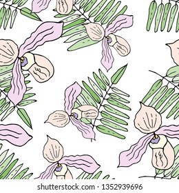 Orchids and palm leaves. Seamless pattern. Vector illustration.
