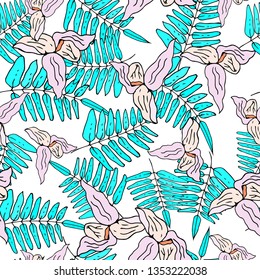 Orchids and palm leaves. Seamless pattern. Vector illustration.
