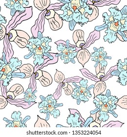Orchids and palm leaves. Seamless pattern. Vector illustration.
