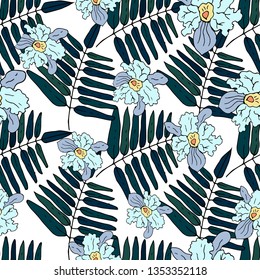 Orchids and palm leaves. Seamless pattern. Vector illustration.

