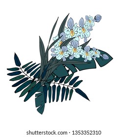 Orchids and palm leaves.  Vector illustration.
